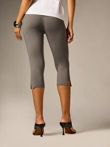 AiiRZ Cropped Capri Leggings With Side Split Hem Smooth Stretch Fabric Mid Rise Skinny Fit Casual Everyday Style - Grey - View 3