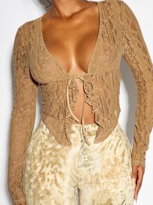 SUMWON WOMEN Floral Lace Crop Blouse With Deep Plunge Neckline Ruffle Tie Front Detail Long Sleeve Sheer Party Night Out Top - Khaki - View 1