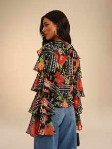 Dancing Leopard Schwarze Blumen-Bluse mit lockerer Passform und Rüschen, Boho Resort Wear - Verschiedenfarbig - Übersicht 2