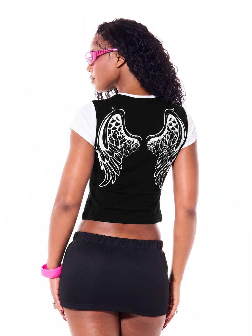 SUMWON WOMEN Mamacita Graphic Print Crop Top With Angel Wings Back Print Cross Motif Raglan Short Sleeve Y2K Slim Fit Tee