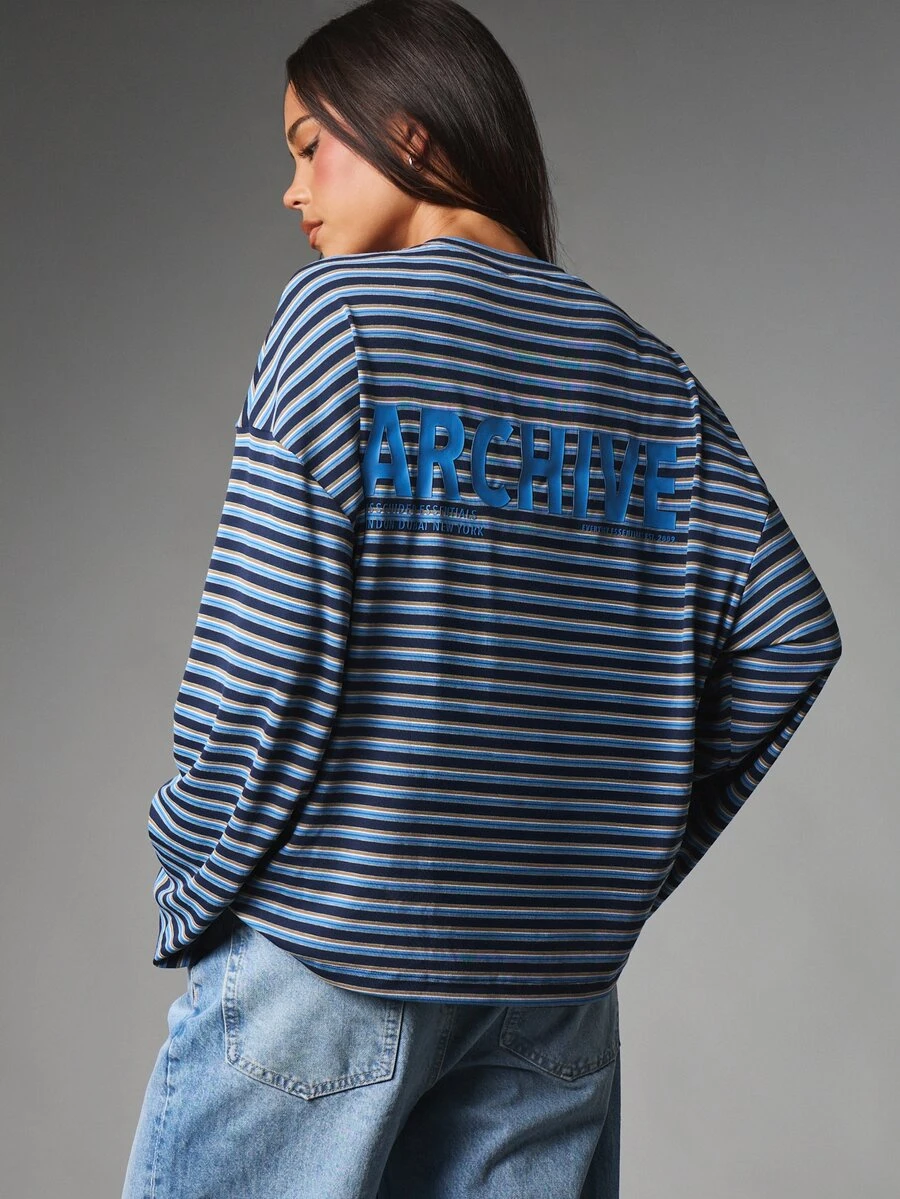 MISSGUIDED Archive Striped Oversized Long Sleeve T-Shirt Crew Neck Back Logo Print Casual Relaxed Fit Top Fall Winter Everyday Layering Essential - Multicolor - View 1
