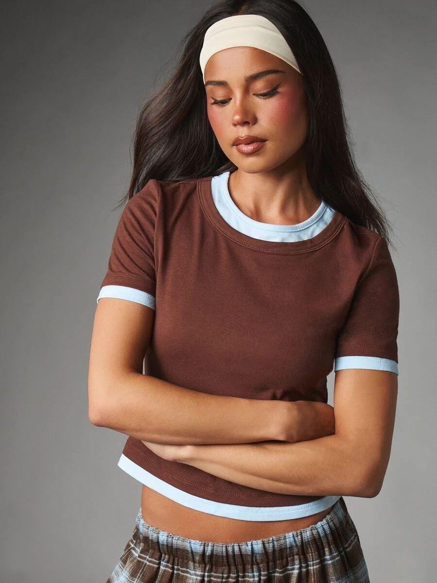 MISSGUIDED Kaos Crop Crew Neck Ringer dengan Trim Kontras Biru Muda Lengan Pendek Pas Badan Gaya Kasual Musim Panas - Grey - View 1