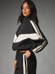 MISSGUIDED Jaket Olahraga Pendek dengan Resleting Penuh, Kerah Corong, Motif Zig-Zag, Blok Warna, Panel Kontras, Detail Garis, Lengan Panjang, Ringan - MultiWarna - View 5