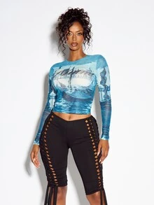 SUMWON WOMEN Miami Scenic Print Semi-Sheer Mesh Long Sleeve Crew Neck Crop Top With All Over Photographic Graphic Print Summer Festival Top - Blue - View 2
