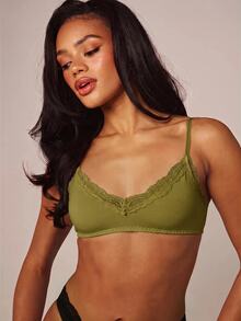 MISSGUIDED Lace Trim Bralette With Adjustable Straps And Hook-And-Eye Closure - Soft Cup Wireless Everyday Lingerie Bra - Olive Green - View 2