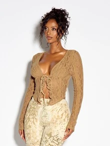 SUMWON WOMEN Floral Lace Crop Blouse With Deep Plunge Neckline Ruffle Tie Front Detail Long Sleeve Sheer Party Night Out Top - Khaki - View 4