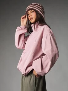 MISSGUIDED جاكيت واقي من الرياح بحجم كبير مع ياقة واقفة وإغلاق بسحاب كامل وأكمام مطاطية وحافة مطاطية للارتداء اليومي العادي في الربيع والخريف - وردي مغبر - مشاهدة 5