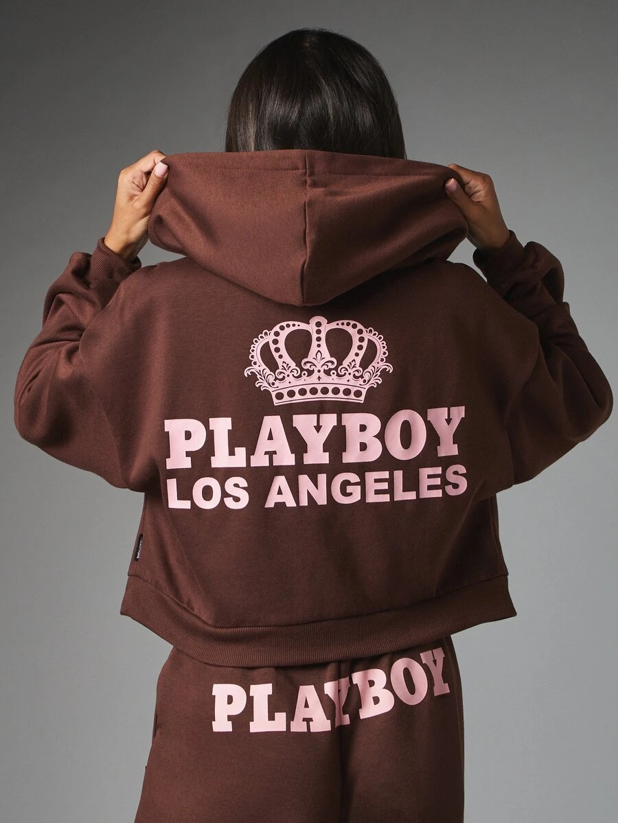 Missguided x Playboy Full-Zip Cropped Sweatshirt With Bunny Logo Chest Print And Los Angeles Crown Back Graphic Long Sleeve Casual Fleece Top - Brown - View 1