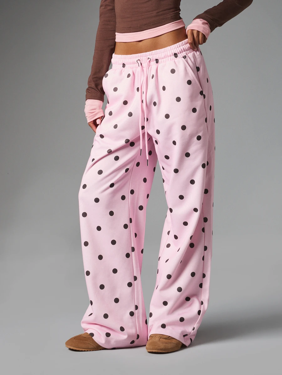 MISSGUIDED Celana Kasual Polkadot Kaki Lebar dengan Pinggang Elastis dan Tali Serut serta Saku Samping, Celana Panjang Santai dengan Potongan Longgar - Berwarna merah muda - View 1