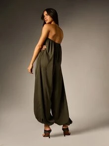 AiiRZ Strapless Wide Leg Bubble Hem Jumpsuit Relaxed Fit One Piece Full Length Summer Holiday Boho Style - Green - View 3