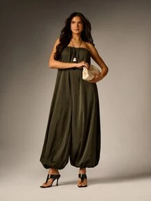 AiiRZ Strapless Wide Leg Bubble Hem Jumpsuit Relaxed Fit One Piece Full Length Summer Holiday Boho Style - Green - View 4