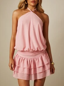 MISSGUIDED 掛脖迷你洋裝，層次荷葉邊裙擺、泡泡上身、後背繫帶，夏季派對雪紡飄逸洋裝 - 粉色 - 查看 4