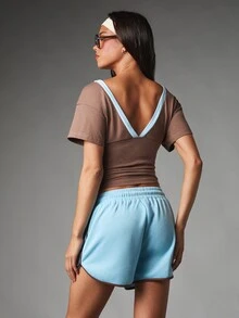 MISSGUIDED V-Neck Crop Top With Light Blue Contrast Trim Deep Back Cut Short Sleeve Summer Casual Fitted Tee - Multicolor - View 3
