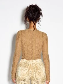 SUMWON WOMEN Floral Lace Crop Blouse With Deep Plunge Neckline Ruffle Tie Front Detail Long Sleeve Sheer Party Night Out Top - Khaki - View 5