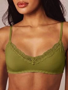 MISSGUIDED Lace Trim Bralette With Adjustable Straps And Hook-And-Eye Closure - Soft Cup Wireless Everyday Lingerie Bra - Olive Green - View 4