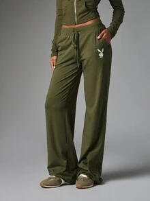 Missguided x Playboy Wide Leg Casual Pants With Bunny Logo And Script Bum Print Drawstring Waist Full Length Relaxed Fit Lounge Trousers - Army Green - View 2