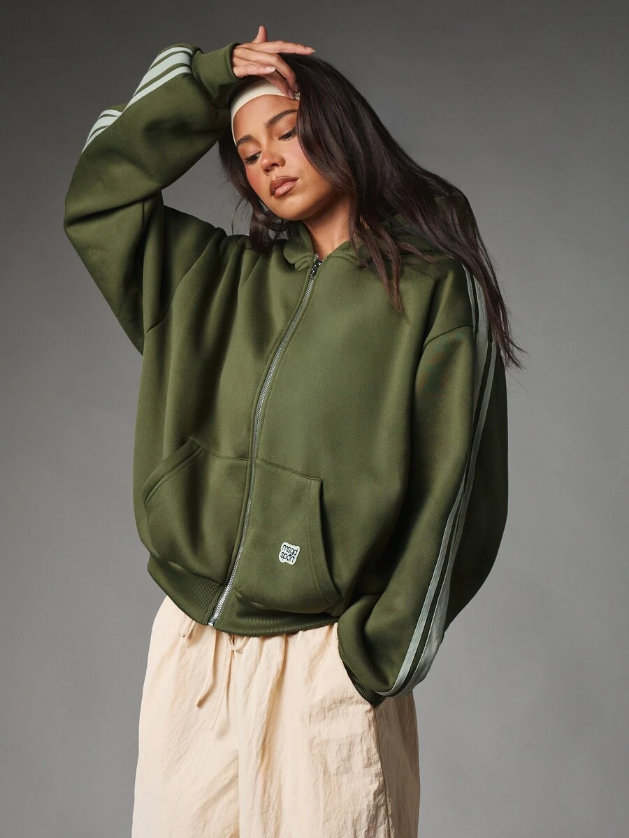 MISSGUIDED Sport Oversized Full-Zip Hoodie With Contrast Stripe Detail Long Sleeve Centre Pocket Casual Layering Essential Athletic - Green - View 1