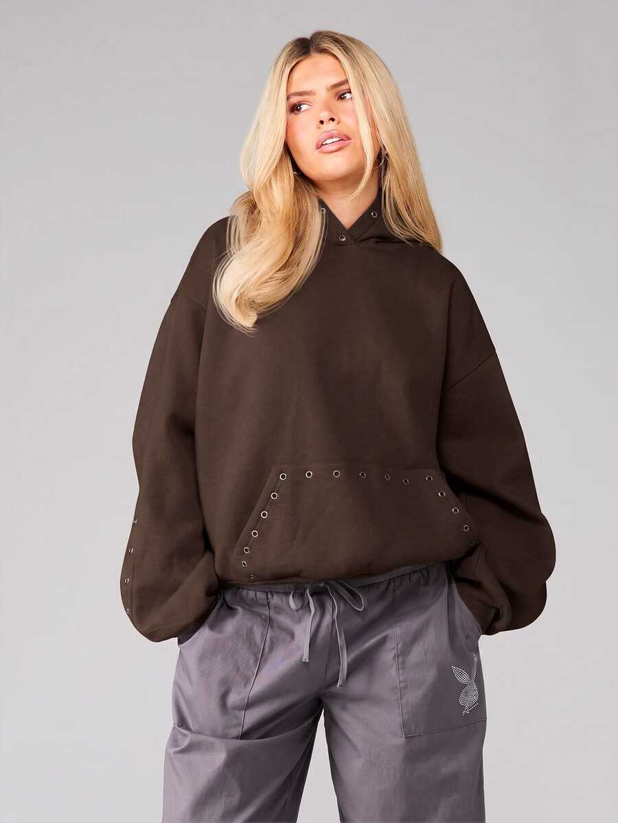 MISSGUIDED Oversized Pullover Hoodie With Eyelet Grommet Trim Detail On Sleeves Pocket And Hood Fall Winter Essential Sweatshirt - Brown - View 1