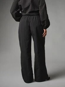 MISSGUIDED Wide Leg Casual Drawstring Pants With Elastic Waist Crinkle Nylon Full Length Relaxed Fit Pull On Trousers Summer Holiday - Black - View 3