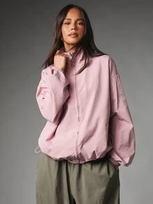 MISSGUIDED جاكيت واقي من الرياح بحجم كبير مع ياقة واقفة وإغلاق بسحاب كامل وأكمام مطاطية وحافة مطاطية للارتداء اليومي العادي في الربيع والخريف - وردي مغبر - مشاهدة 1