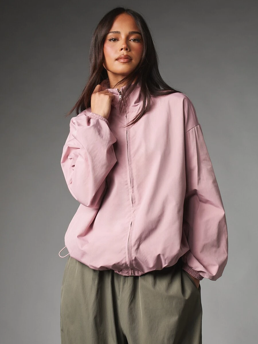 MISSGUIDED جاكيت واقي من الرياح بحجم كبير مع ياقة واقفة وإغلاق بسحاب كامل وأكمام مطاطية وحافة مطاطية للارتداء اليومي العادي في الربيع والخريف - وردي مغبر - مشاهدة 1