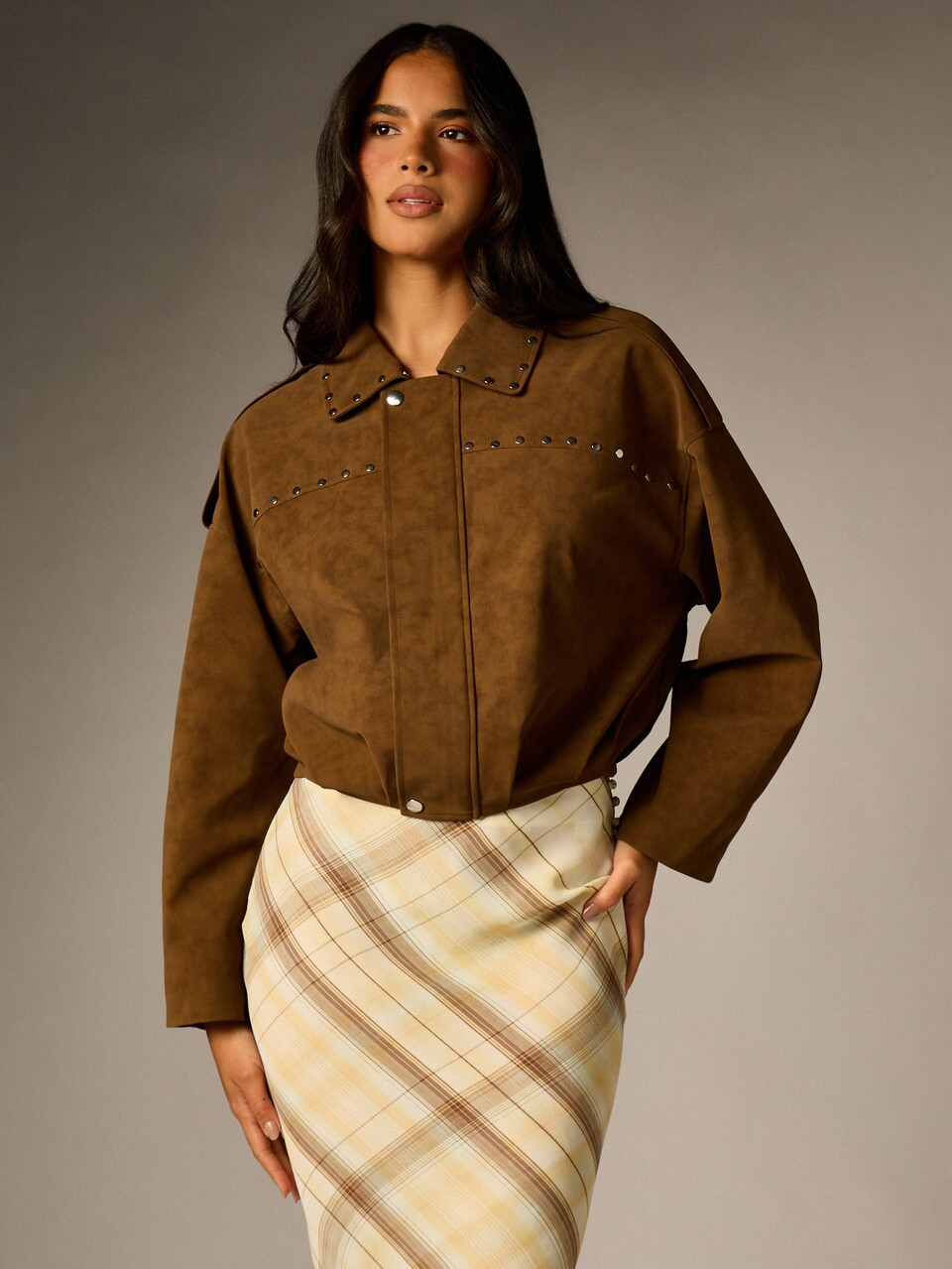 AiiRZ Faux Suede Oversized Jacket With Metal Eyelet Details