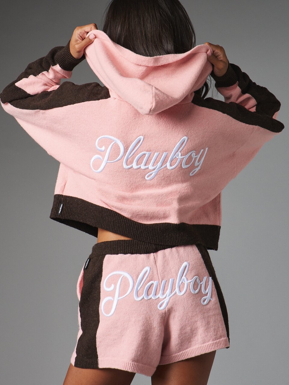 Missguided x Playboy Cropped Zip-Up Hoodie With Color Block And Embroidery