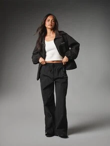 MISSGUIDED Wide Leg Casual Drawstring Pants With Elastic Waist Crinkle Nylon Full Length Relaxed Fit Pull On Trousers Summer Holiday - Black - View 2