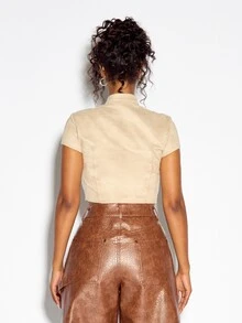 SUMWON WOMEN Atasan Crop Top Bertali Depan Bahan Suede Imitasi dengan Lubang Logam, Kerah Tinggi, Lengan Pendek, Gaya Korset untuk Acara Festival Musim Panas Malam Hari - Aprikot - View 5