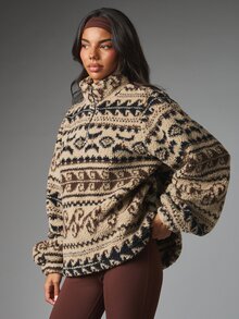 MISSGUIDED Pullover Sherpa Ukuran Besar dengan Resleting Setengah dan Motif Fair Isle, Kerah Tinggi, Lengan Panjang, Sweatshirt Bulu Domba Musim Dingin yang Nyaman - MultiWarna - View 1