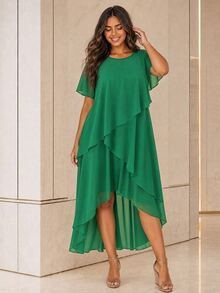 ELLERISSA Plus Size Green Round Neck Short Sleeve Layered High Low Chiffon Dress - Green - View 3