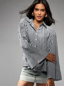 MISSGUIDED 寬鬆條紋鈕扣襯衫，寬喇叭袖，經典領口，方正短版剪裁，春夏休閒上衣 - 黑色 - 查看 6
