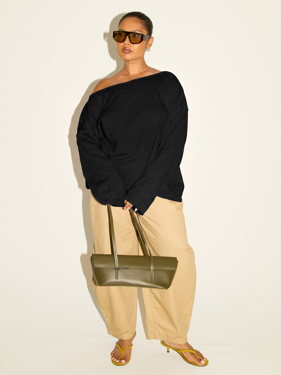 Plus Size Long Sleeve Drop Shoulder Light Weight Sweat Look Top Casual Minimal Wardrobe Staple Essential Comfy Oversized Everyday Basics Airport Travel Curve Off The Shoulder Top Black Y2k Every Day Uniform Fall Autumn Winter New Season Trending University College Campus Back To School