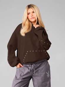 MISSGUIDED Oversized Pullover Hoodie With Eyelet Grommet Trim Detail On Sleeves Pocket And Hood Fall Winter Essential Sweatshirt - Brown - View 3