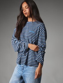 MISSGUIDED Archive Striped Oversized Long Sleeve T-Shirt Crew Neck Back Logo Print Casual Relaxed Fit Top Fall Winter Everyday Layering Essential - Multicolor - View 2