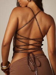 MISSGUIDED Metallic Snake Print Lace-Up Back Crop Cami Top V-Neck Sleeveless Strappy Summer Festival Party Night Out Top - Coffee Brown - View 5