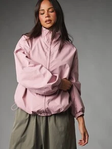 MISSGUIDED جاكيت واقي من الرياح بحجم كبير مع ياقة واقفة وإغلاق بسحاب كامل وأكمام مطاطية وحافة مطاطية للارتداء اليومي العادي في الربيع والخريف - وردي مغبر - مشاهدة 6