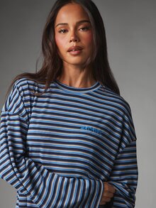 MISSGUIDED Archive Striped Oversized Long Sleeve T-Shirt Crew Neck Back Logo Print Casual Relaxed Fit Top Fall Winter Everyday Layering Essential - Multicolor - View 4