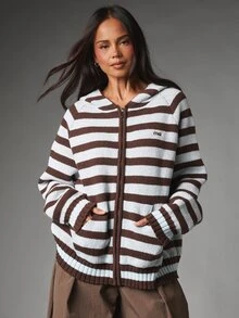 MISSGUIDED Striped Zip-Up Hooded Knit Cardigan With Oversized Fit Ribbed Hem And Cuffs Fall Winter Cozy Layering Essential - Blue - View 5