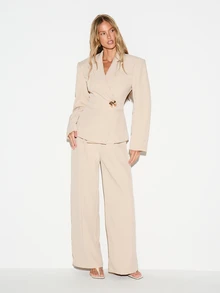 KIZN Wide Leg High Rise Dress Pants With Front Pleats Tailored Smooth Woven Fabric Full Length Formal Trousers Spring Summer Office Wear - Khaki - View 2