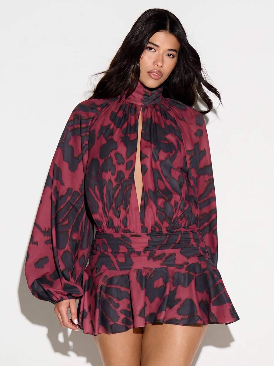 KIZN Leopard Print Mini Romper With Mock Neck Keyhole Front Balloon Sleeves And Ruffle Hem Drop Waist Party Holiday Look - Red - View 1