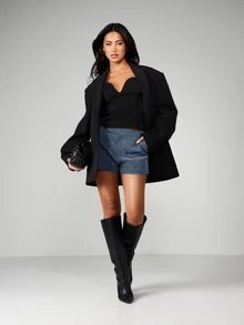 MISSGUIDED 仿麂皮高腰迷你短褲，接縫細節與側邊口袋，修身剪裁，秋冬派對夜生活穿搭 - 藏蓝色 - 查看 3