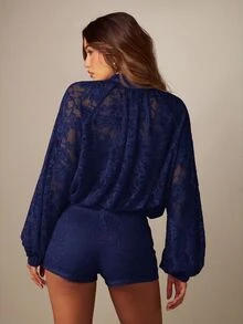 MISSGUIDED 蕾絲拉鍊短版夾克，假領、氣球袖、透視花卉蕾絲疊層，搭配短褲，派對晚宴度假場合套裝 - 藏蓝色 - 查看 2