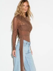 KIZN Bodysuit Lengan Panjang Jala dengan Tali Pengikat dan Kerah Bulat serta Detail Selempang Berlipat, Sempurna untuk Acara Malam dan Liburan - Coklat - View 2