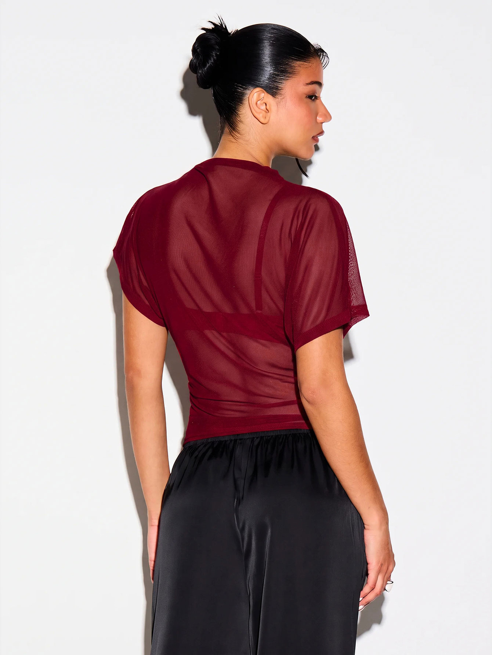 KIZN Sheer Mesh Mock Neck Crop Top With Draped Front