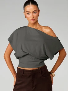 MISSGUIDED Off Shoulder Asymmetric Draped Crop Top With Short Sleeves And Ruched Waist Detail For Date Night And Holiday Parties - Dark Grey - View 5