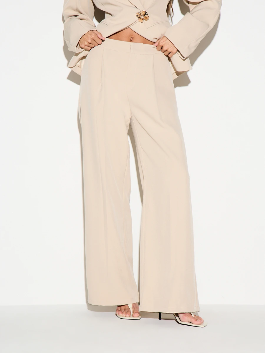 KIZN Wide Leg High Rise Dress Pants With Front Pleats Tailored Smooth Woven Fabric Full Length Formal Trousers Spring Summer Office Wear - Khaki - View 1