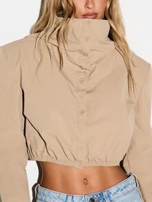KIZN Boxy Fit Cropped High Neck Button Down Shirt With Bell Sleeves Elastic Hem Structured Shoulder Detail Spring Summer Transitional Top - Khaki - View 4