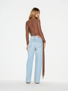 KIZN Bodysuit Lengan Panjang Jala dengan Tali Pengikat dan Kerah Bulat serta Detail Selempang Berlipat, Sempurna untuk Acara Malam dan Liburan - Coklat - View 3
