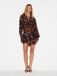 KIZN Gaun Mini Kemeja Chiffon Motif Leopard dengan Lengan Panjang, Rok Berkerut, Kancing Depan, dan Kerah untuk Pesta Malam Hari - Coklat - View 4
